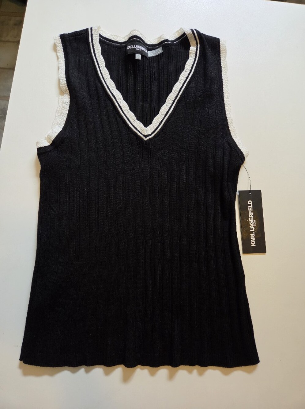 Karl Lagerfeld Black Ribbed V-Neck Sleeveless Tank with Cream Trim